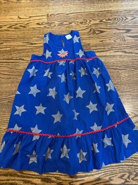 Hanna Andersson Blue Wonder Woman Star Dress with Silver Stars and Red Trim